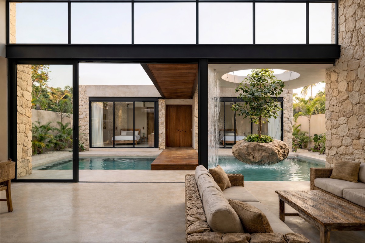 Render real, interior Casa Raíz